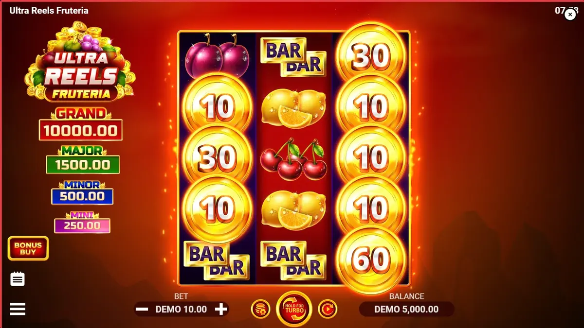 Interface vibrante do slot Ultra Reels Fruteria com frutas coloridas e símbolos de jackpot